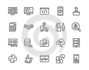 Software development flat line icons set. Programming language, application, api, computer program develop vector