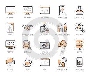 Software development flat line icons set. Programming language, application, api, computer program develop vector