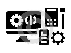 Software development icon with computer, gear, code, and tools
