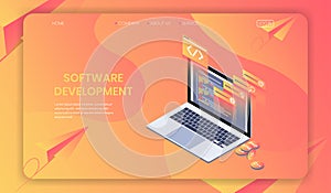 Software Development Isometric concept, web developer, programming language and program code vector