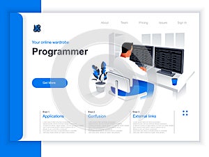 Software development isometric landing page. Programmer working with computer in office situation. Web application programming and