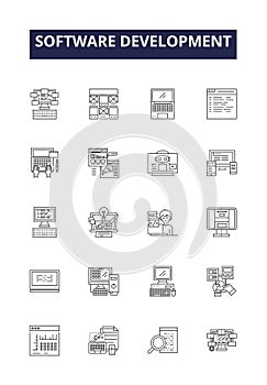 Software development line vector icons and signs. Software, Coding, Programming, Testing, Deployment, Debugging