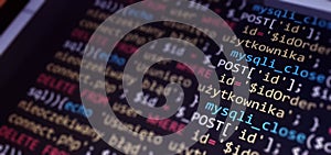 Software development monitor screen background. Developer display with source code. Programming concept