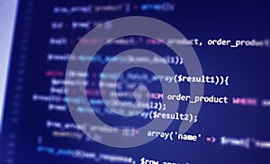 Software development monitor screen background. Developer display with source code. Programming concept
