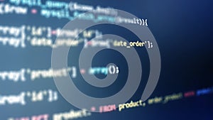 Software development monitor screen background. Developer display with source code. Programming concept