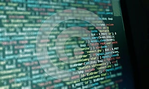 Software development monitor screen background. Developer display with source code. Programming concept