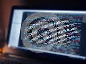 Software development monitor screen background. Developer display with source code. Programming concept