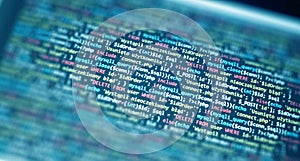 Software development monitor screen background. Developer display with source code. Programming concept