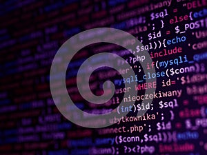 Software development monitor screen background. Developer display with source code. Programming concept