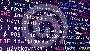 Software development monitor screen background. Developer display with source code. Programming concept