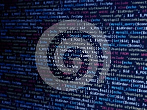 Software development monitor screen background. Developer display with source code. Programming concept