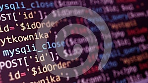 Software development monitor screen background. Developer display with source code. Programming concept