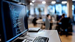 Software development office with closeup of code on computer screen