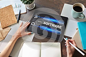 Software development and process automation concept on tablet computer screen.