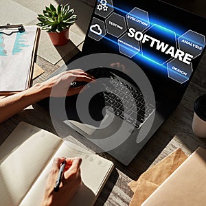 Software development and process automation concept on tablet computer screen.