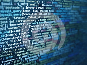 Software development by programmer. Abstract computer script code. Programming code screen