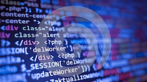Software development by programmer. Abstract computer script code. Programming code screen of software