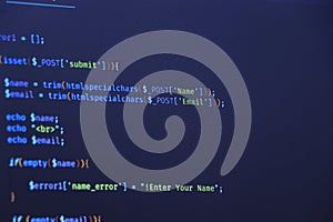 Software development by programmer. Abstract computer script code. Programming code screen of software developer