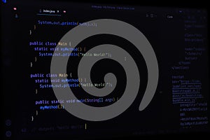 Software development by programmer. Abstract computer script code. Programming code screen of software developer