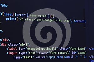 Software development by programmer. Abstract computer script code. Programming code screen of software developer