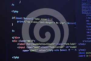 Software development by programmer. Abstract computer script code. Programming code screen of software developer