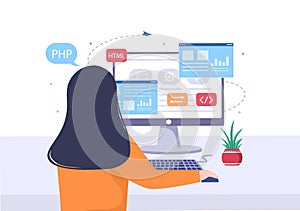 Software Development and Programming Code on Computer Vector Illustration for Technology, Engineer Team, coding and Marketing