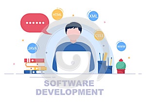 Software Development and Programming Code on Computer Vector Illustration for Technology, Engineer Team, coding and Marketing