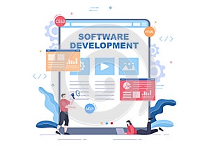Software Development and Programming Code on Computer Vector Illustration for Technology, Engineer Team, coding and Marketing