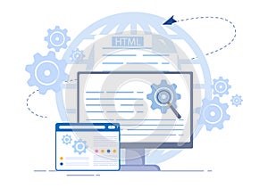 Software Development and Programming Code on Computer Vector Illustration for Technology, Engineer Team, coding and Marketing