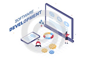 Software Development and Programming Code on Computer Vector Illustration for Technology, Engineer Team, coding and Marketing