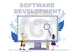 Software Development and Programming Code on Computer Vector Illustration for Technology, Engineer Team, coding and Marketing