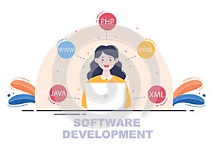 Software Development and Programming Code on Computer Vector Illustration for Technology, Engineer Team, coding and Marketing