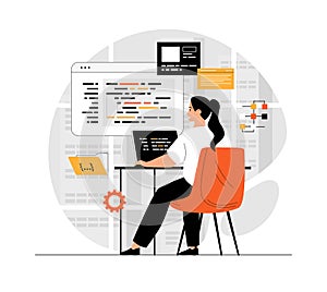 Software development, programming, coding. Developer working on computer and creating programs, coding and fixing code