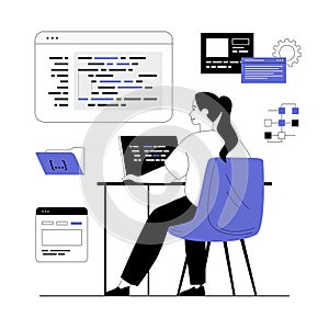 Software development, programming, coding. Developer working on computer and creating programs, coding and fixing code.