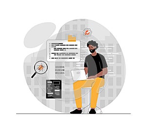 Software development, programming, coding. Developer works on laptop and programs in programming languages. Illustration