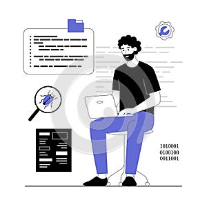 Software development, programming, coding. Developer works on laptop and programs in programming languages. Vector