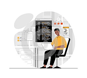 Software development, programming, coding. Man create software, write code and scripts, work with programming languages