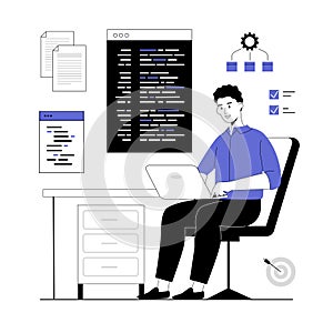 Software development, programming, coding. Man create software, write code and scripts, work with programming languages.