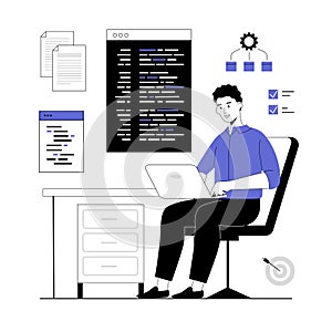 Software development, programming, coding. Man create software, write code and scripts, work with programming languages.