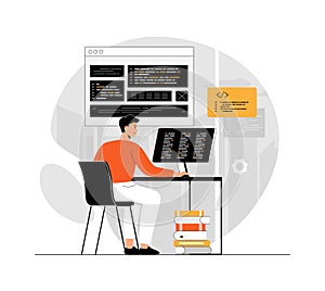 Software development, programming, coding. Man programming and writing code, tests and fixes bugs, works