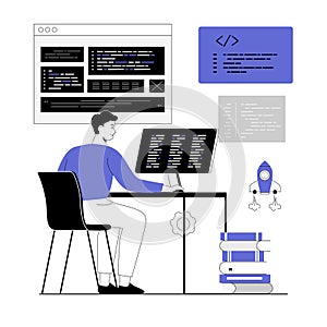 Software development, programming, coding. Man programming and writing code, tests and fixes bugs, works on different screens.