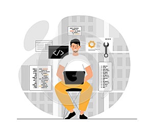 Software development, programming, coding. Man write code, settings and testing, developing programs and applications