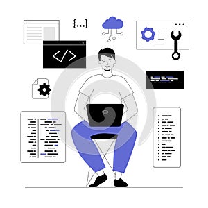 Software development, programming, coding. Man write code, settings and testing, developing programs and applications.