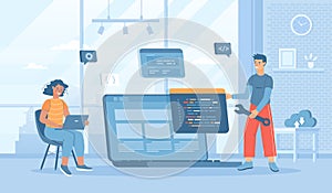 Software development, programming, coding. People write code, settings and testing, developing programs and applications