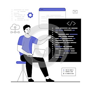 Software development, programming, coding. Programmer and IT specialist at workplace with laptop, develop mobile app