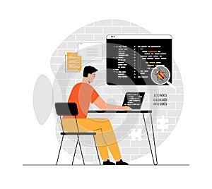 Software development, programming, coding. IT specialist looking for bugs and errors in applications and programs. Illustration