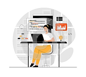 Software development, programming, coding. Woman working with program code, testing and optimization, engineering