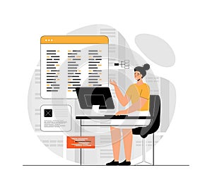 Software development, programming, coding. Woman working on web and application development on computer. Illustration