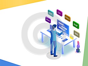 Software development or programming concept based isometric design, analyst or developer fixing the problem on computer or