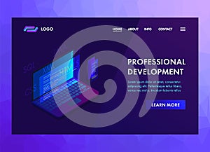 Development Software and programming vector concept with program code on laptop and phone screen. Computer smartphone in isometric